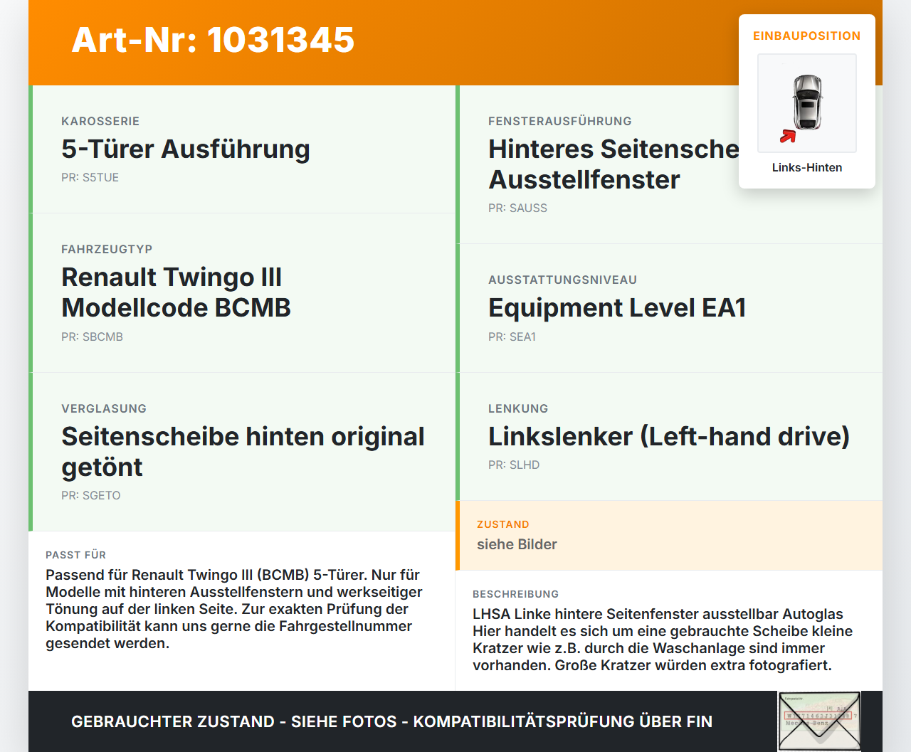 Renault Twingo III BCM 14-19 5T LH Ausstell Seitenscheibe Scheibe Links Hinten Orig. getönt Renault Twingo III BCM... Vorschau 3