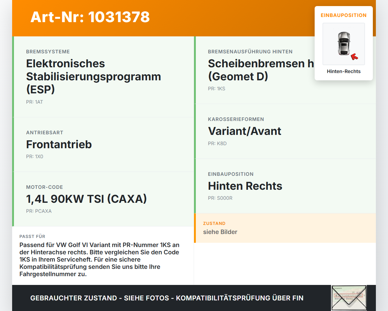 VW Golf VI 6 1K Variant 09-13 TSI 1,4 90KW Bremssattel Bremszange Hinten Rechts VW Golf VI 6 1K Variant 09-13... Vorschau 3