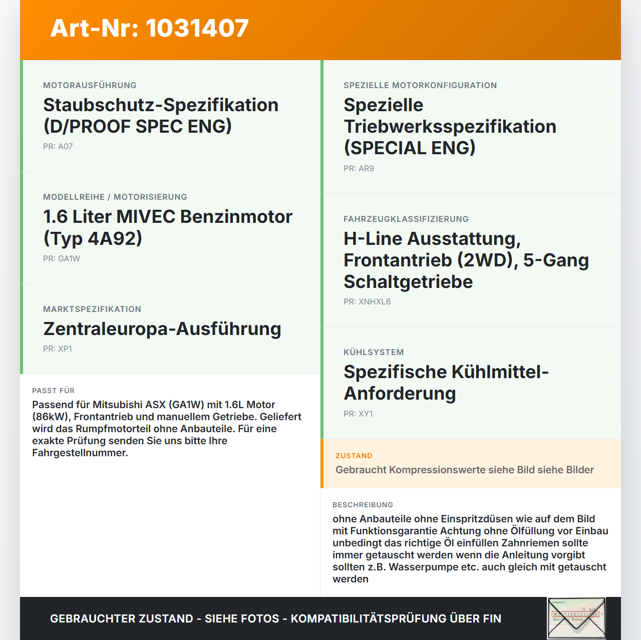 Mitsubishi ASX GAW 16-19 1,6 86KW Motor Triebwerk Mitsubishi ASX GAW 16-19 15.09.2017 4060A192 gebraucht Vorschau 3
