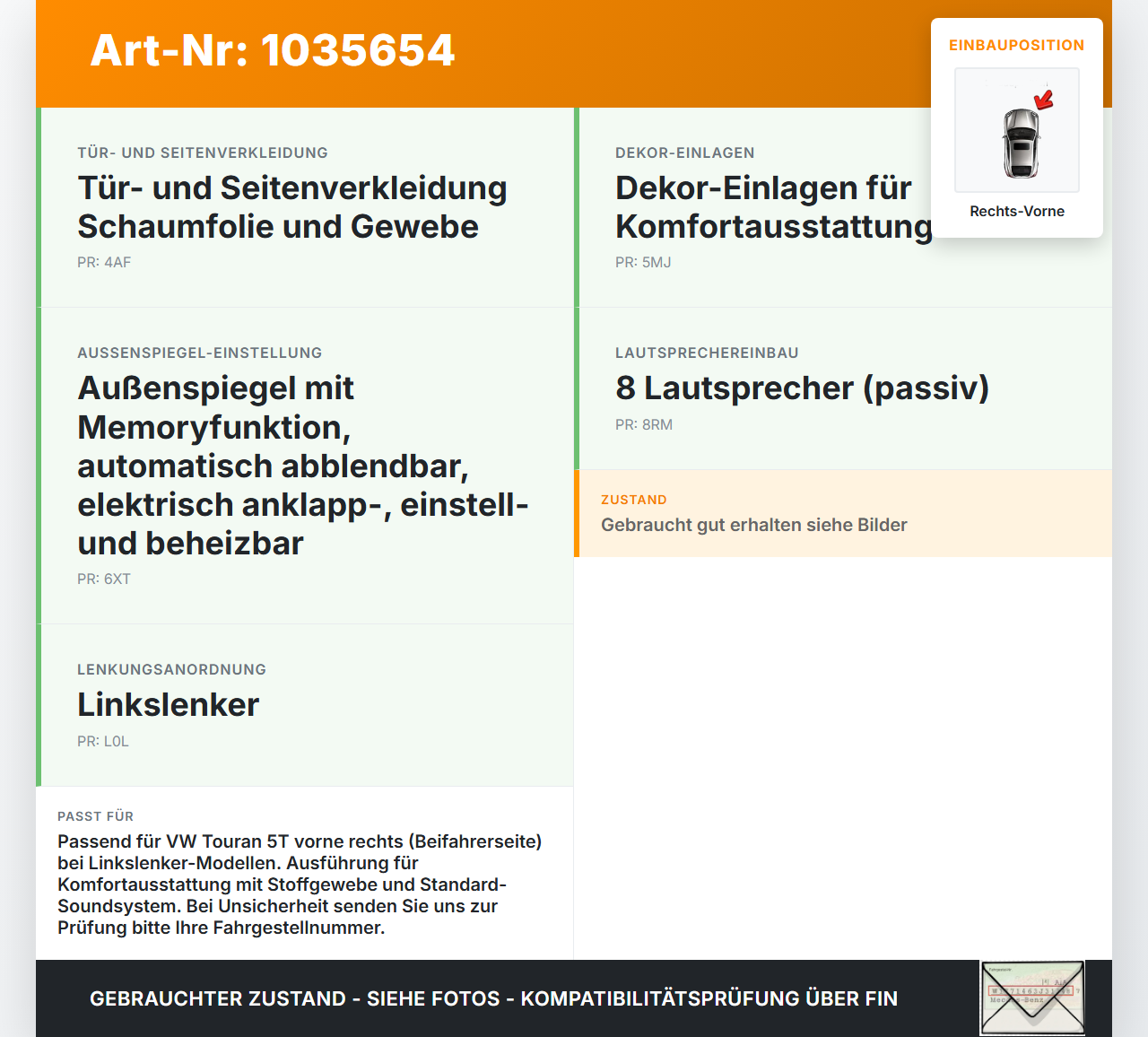 VW Touran II 5T 15-22 Türverkleidung Türpappe Rechts Vorne VW Touran II 5T 15-22 11.03.2016 5TB867012D gebraucht Vorschau 3