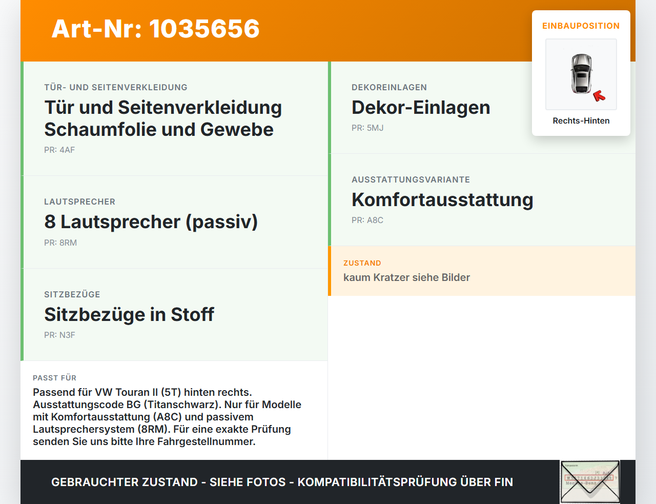 VW Touran II 5T 15-22 Türverkleidung Türpappe Rechts Hinten VW Touran II 5T 15-22 11.03.2016 5TA867212AF gebraucht Vorschau 3