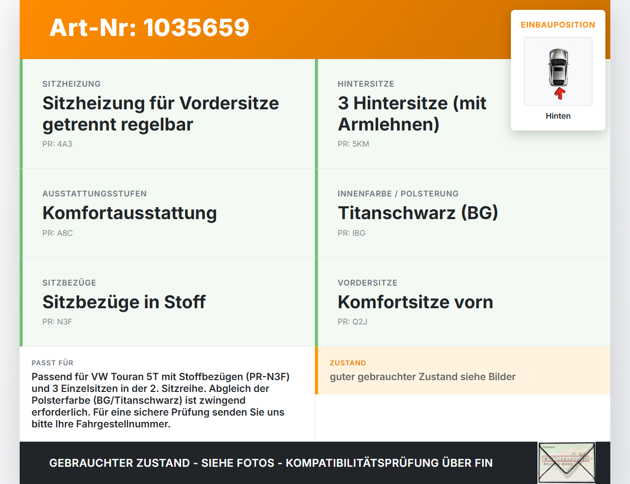 VW Touran II 5T 15-22 Sitzbezug Sitzpolster Mitte für Rücksitzbank Hinten VW Touran II 5T 15-22 11.03.2016... Vorschau 3