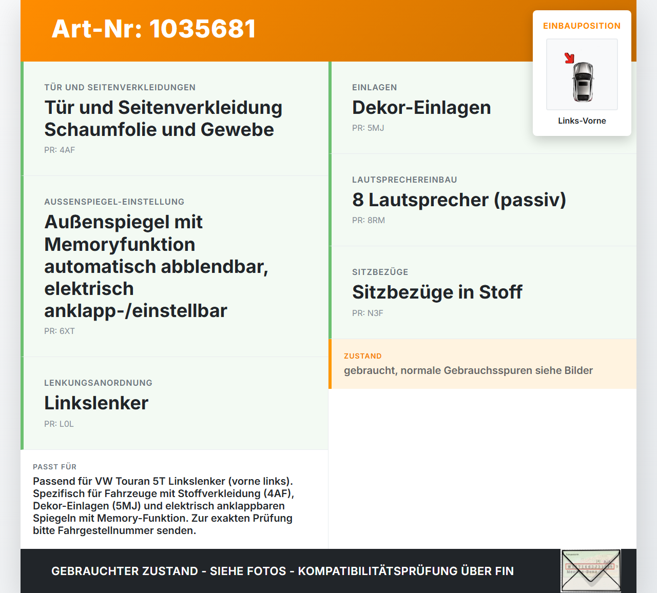 VW Touran II 5T 15-22 Türverkleidung Türpappe Links Vorne VW Touran II 5T 15-22 11.03.2016 5TB867011D gebraucht Vorschau 3