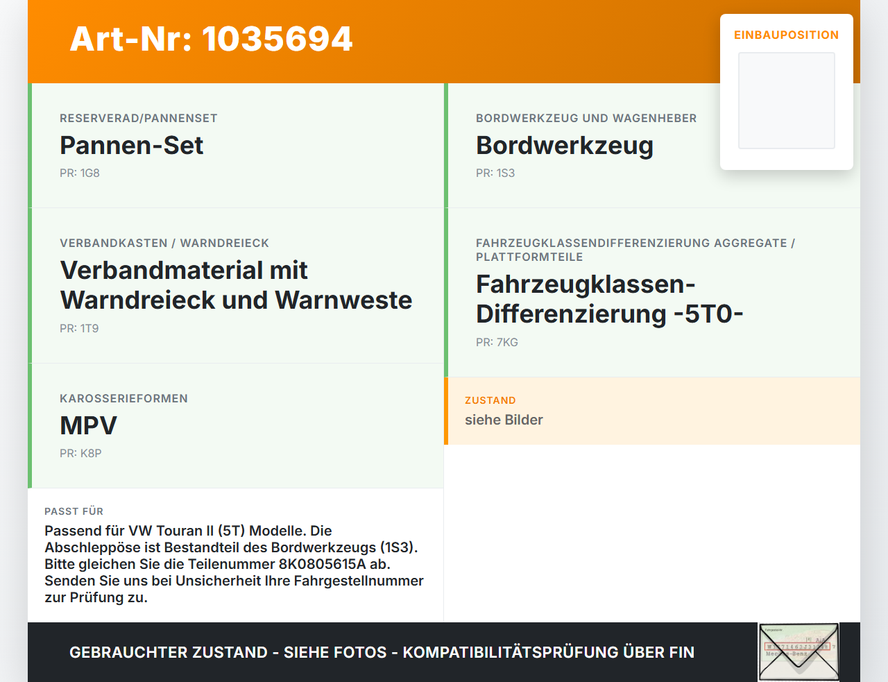 VW Touran II 5T 15-22 Abschleppöse Abschlepphaken VW Touran II 5T 15-22 11.03.2016 8K0805615A gebraucht Vorschau 3