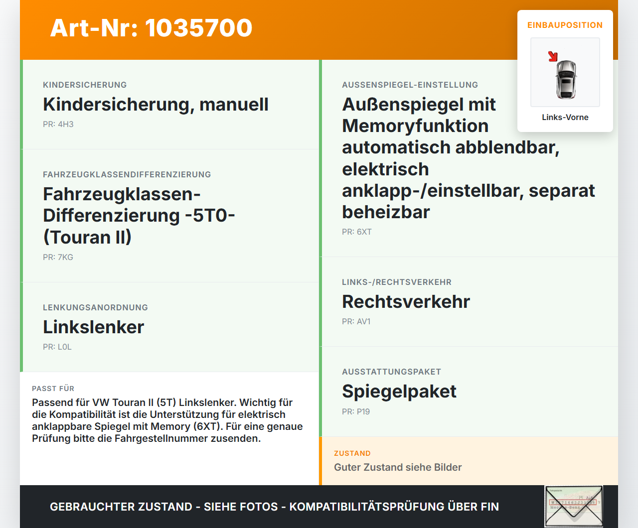 VW Touran II 5T 15-22 Fensterhebermotor Links Vorne VW Touran II 5T 15-22 11.03.2016 5Q0959802B gebraucht Vorschau 3