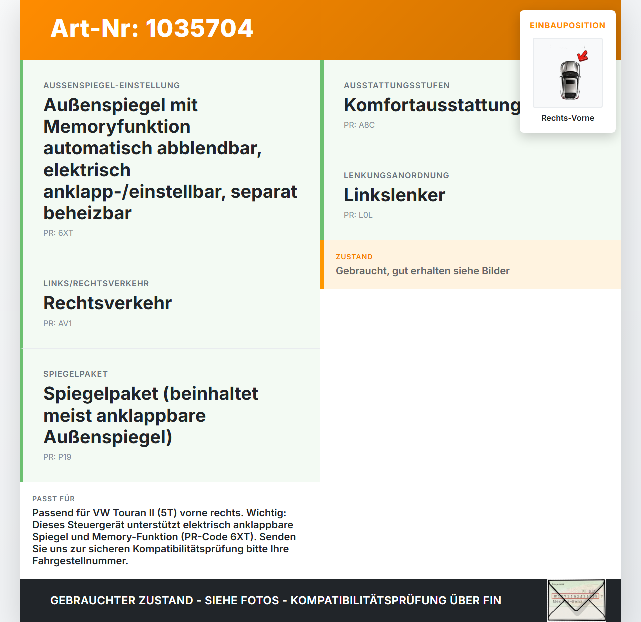 VW Touran II 5T 15-22 Fensterhebermotor Rechts Vorne VW Touran II 5T 15-22 11.03.2016 5Q0959801B 0130822717 gebraucht Vorschau 3
