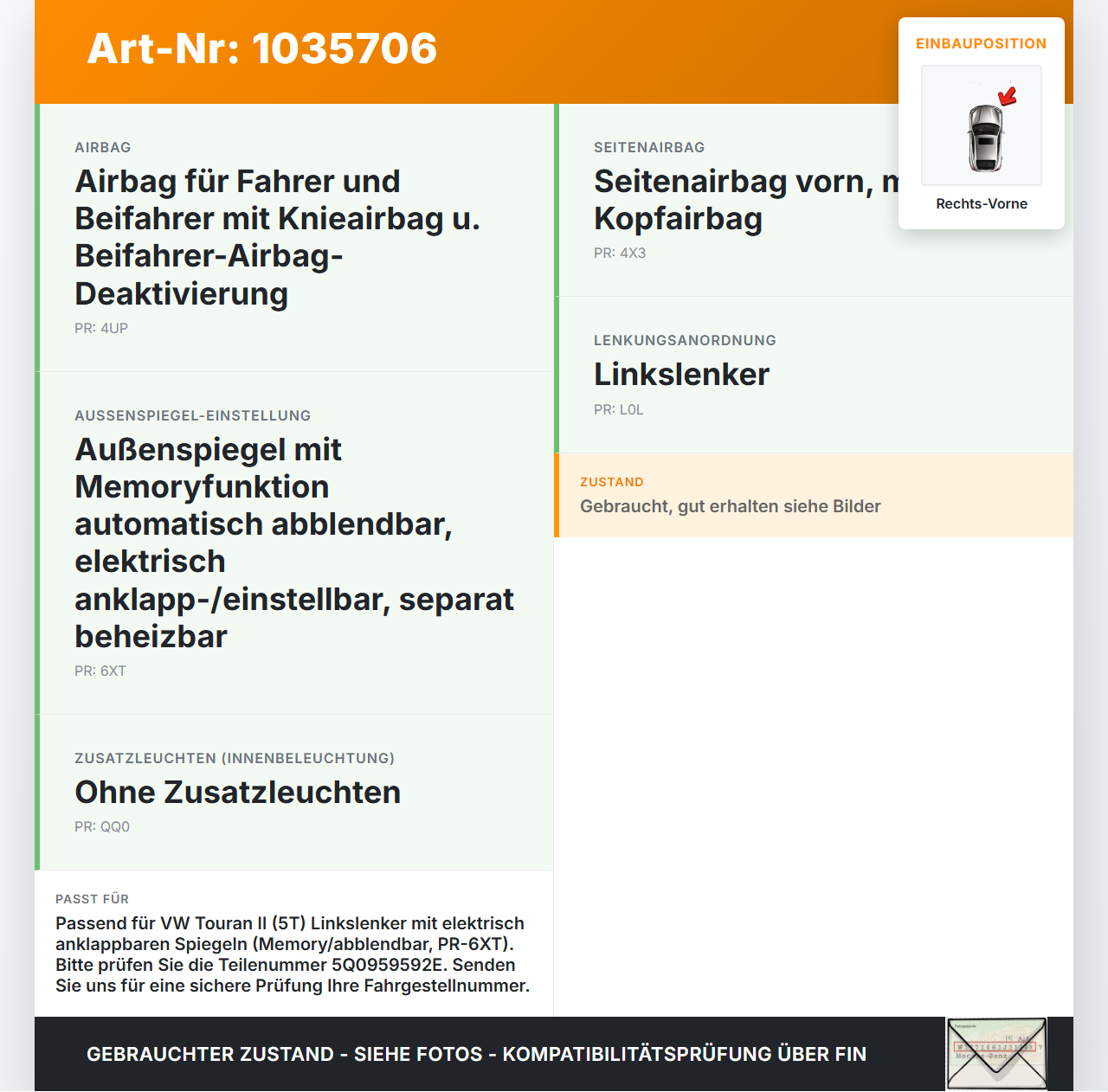 VW Touran II 5T 15-22 SG Steuergerät für Tür Airbag Rechts Vorne VW Touran II 5T 15-22 11.03.2016 5Q0959592E... Vorschau 3