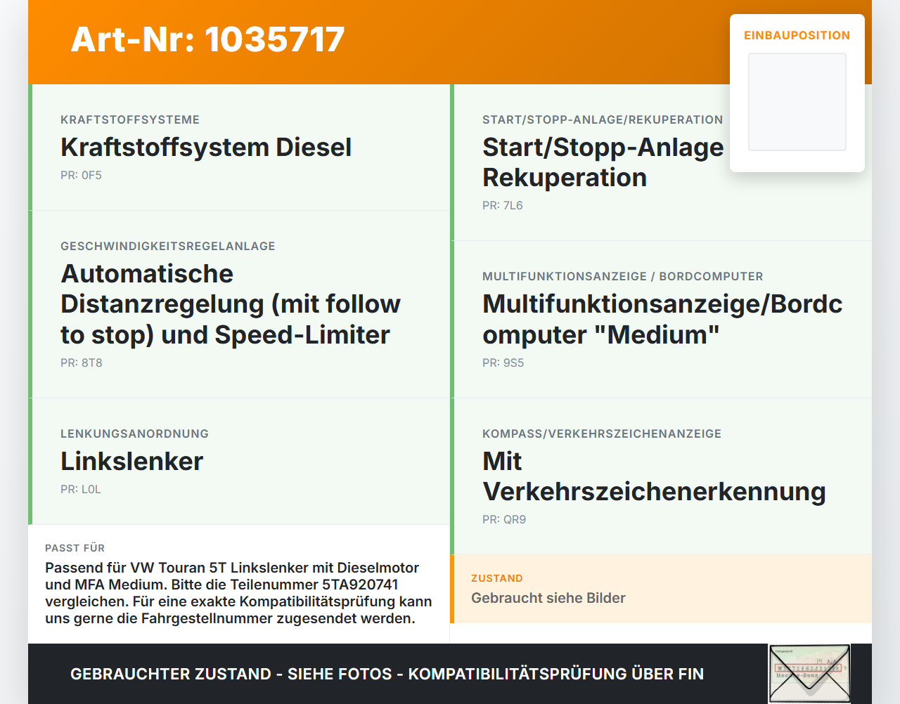 VW Touran II 5T 15-22 2,0 110KW Kombiinstrument Tacho VW Touran II 5T 15-22 11.03.2016 5TA920741 gebraucht Vorschau 3