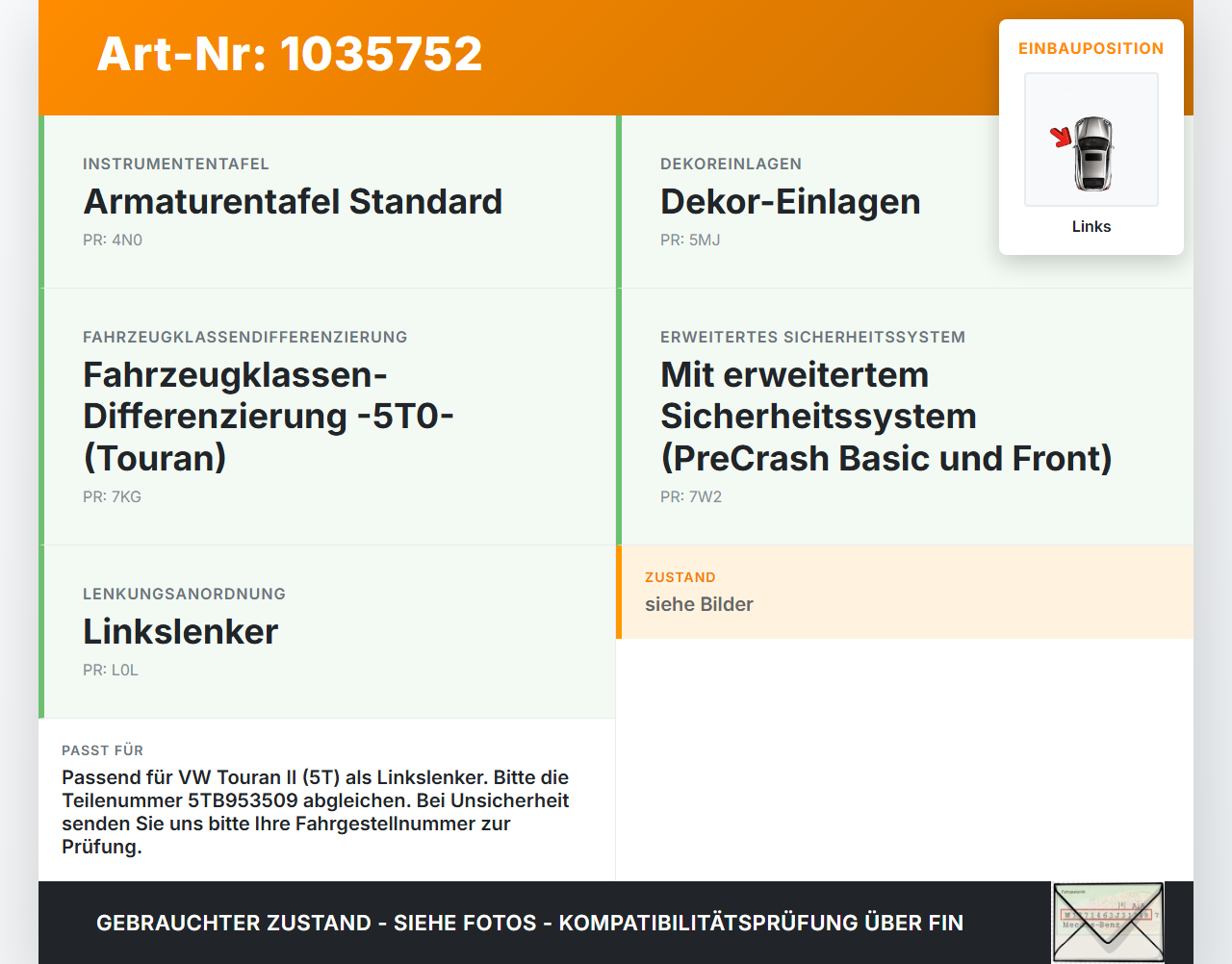 VW Touran II 5T 15-22 Warnblinkschalter Schalter VW Touran II 5T 15-22 11.03.2016 5TB953509 gebraucht Vorschau 3