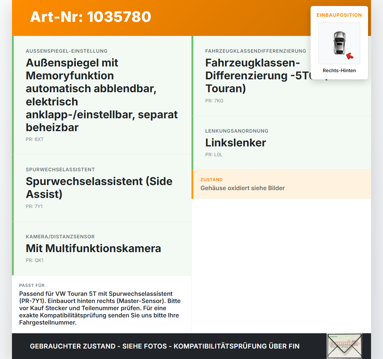 VW Touran II 5T 15-22 2,0 110KW Sensor Totwinkelassistent MRR1Rear Rechts Hinten Master VW Touran II 5T 15-22... Vorschau 3