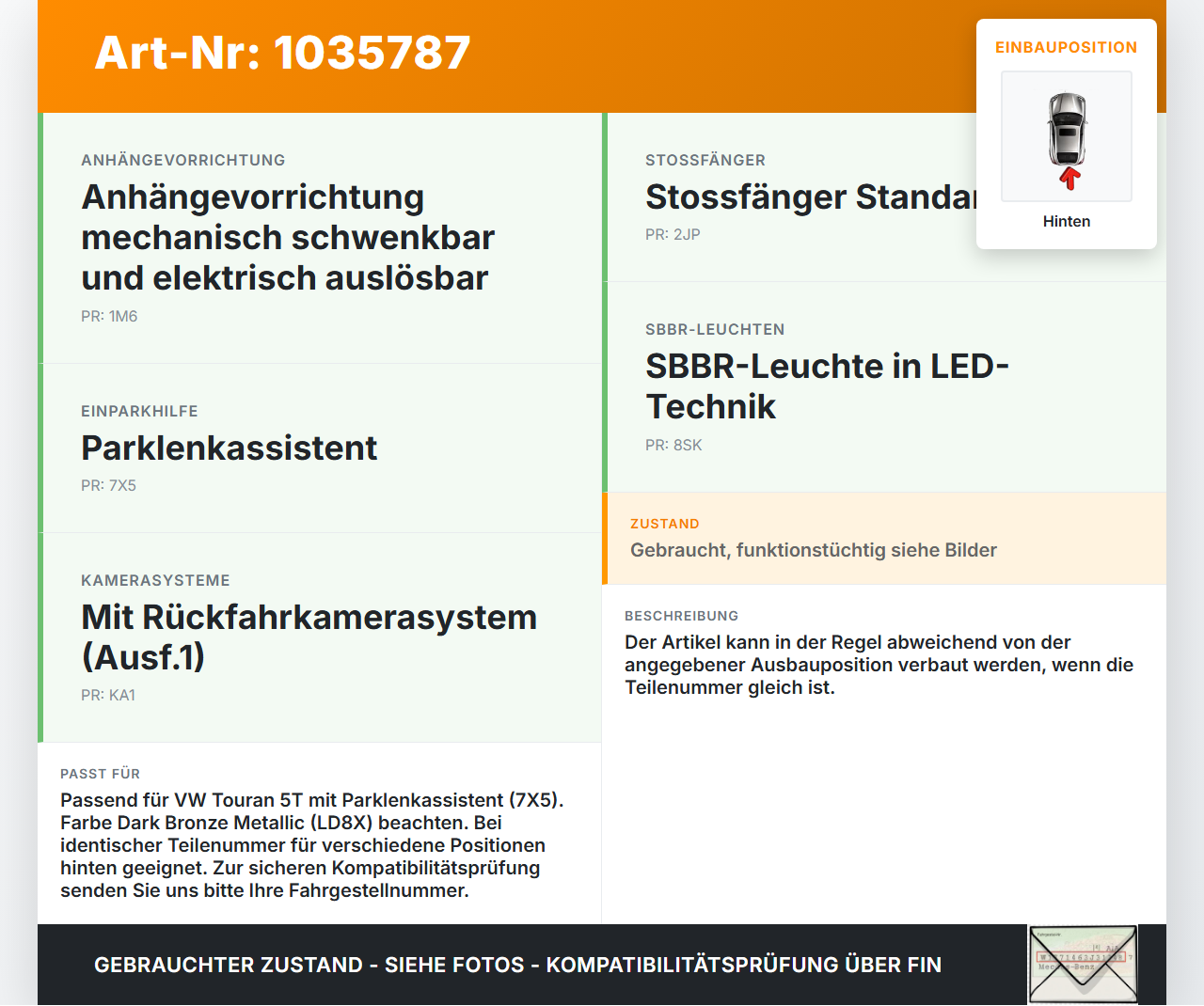 VW Touran II 5T 15-22 Abstands Sensor Parksensor PDC Hinten Innen Pos.2 LD8X VW Touran II 5T 15-22 11.03.2016... Vorschau 3