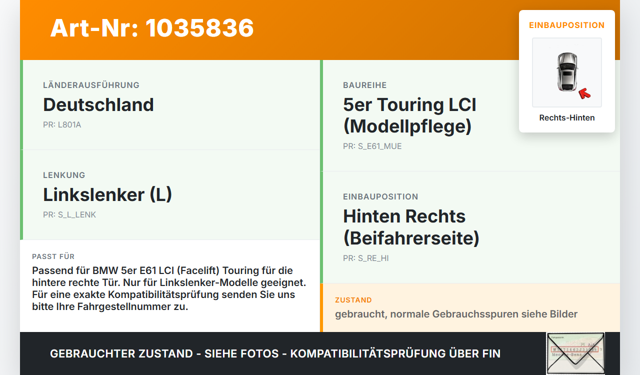 BMW 5er E61 LCI 07-10 Kombi Fensterhebermotor mit Fensterheber Rechts Hinten BMW 5er E61 LCI 07-10 30.06.2009... Vorschau 3