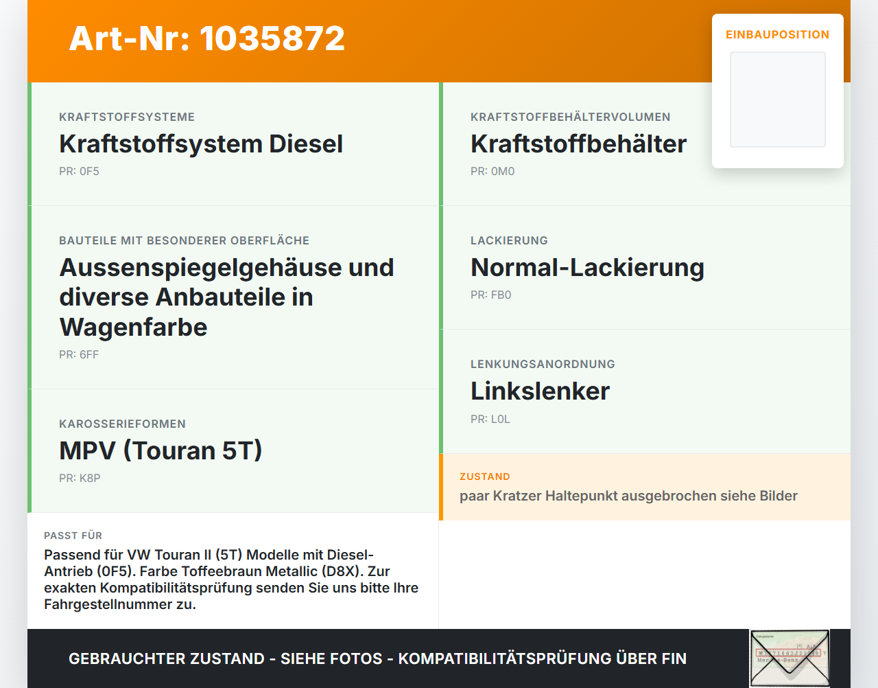 VW Touran II 5T 15-22 Tankdeckel Tankklappe LD8X VW Touran II 5T 15-22 11.03.2016 5TA809909 gebraucht Vorschau 3