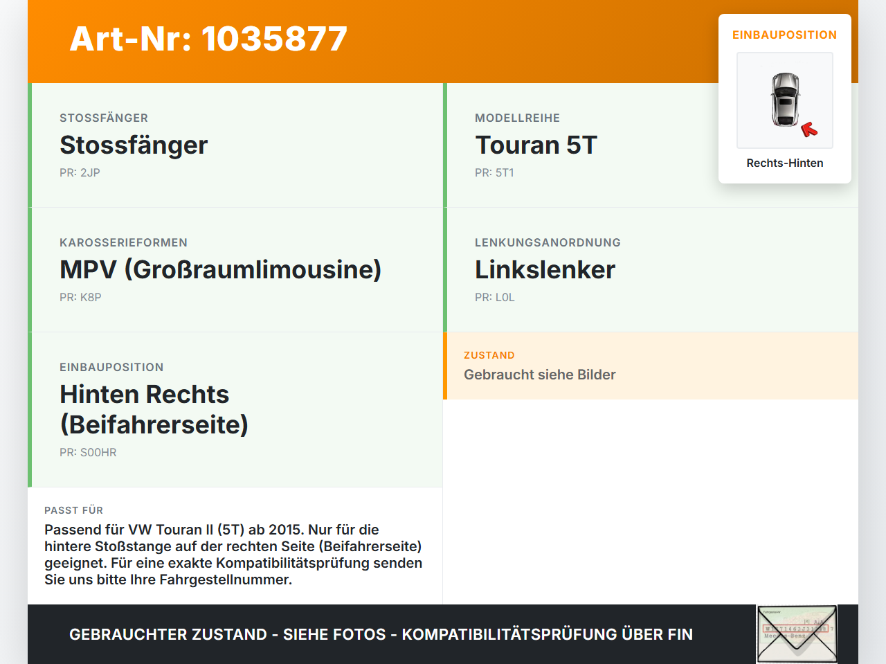 VW Touran II 5T 15-22 Reflektor Rückstrahler für Stoßstange Hinten Rechts VW Touran II 5T 15-22 11.03.2016... Vorschau 3