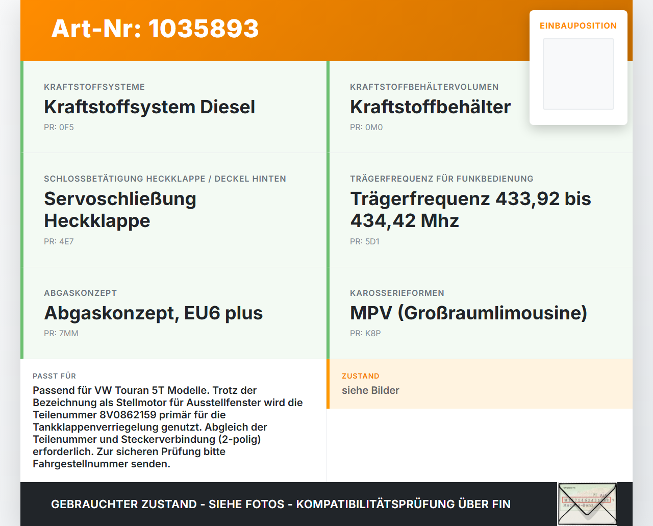 VW Touran II 5T 15-22 Stellmotor für Ausstellfenster VW Touran II 5T 15-22 11.03.2016 8V0862159 gebraucht Vorschau 3