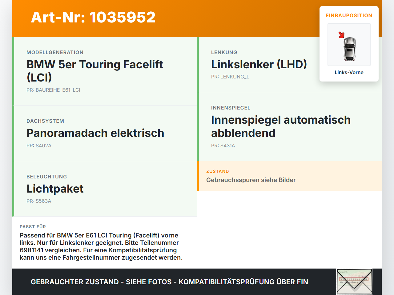 BMW 5er E61 LCI 07-10 Kombi Fensterhebermotor mit Fensterheber Links Vorne BMW 5er E61 LCI 07-10 30.06.2009 7184383... Vorschau 3