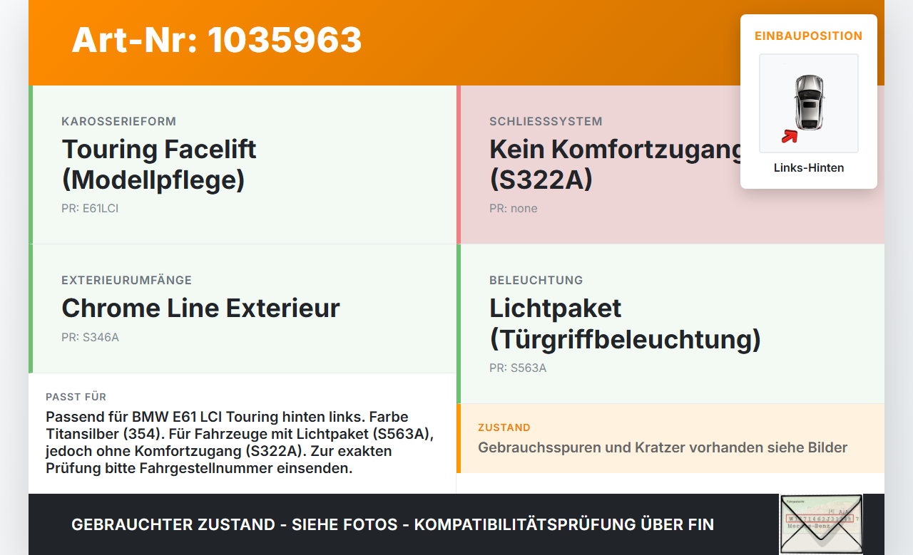 BMW 5er E61 LCI 07-10 Kombi Türgriff Griff aussen Links Hinten 354 BMW 5er E61 LCI 07-10 30.06.2009 51217199555... Vorschau 3