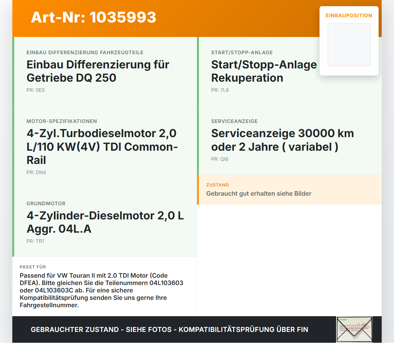 VW Touran II 5T 15-22 2,0 110KW DFEA Ölwanne Motorwanne VW Touran II 5T 15-22 11.03.2016 04L103603 04L103603C gebraucht Vorschau 3