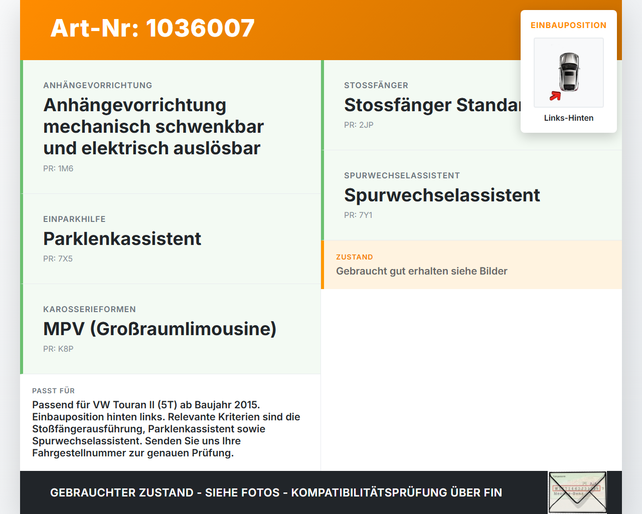 VW Touran II 5T 15-22 Halter Träger Aufnahme Führung für Stoßstange Hinten Links VW Touran II 5T 15-22 11.03.2016... Vorschau 3