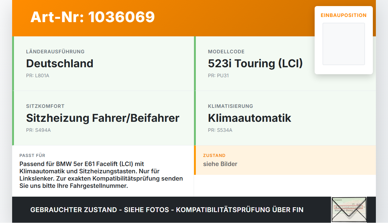 BMW 5er E61 LCI 07-10 Bedienteil Bedienelement Heizung Klimabedienteil BMW 5er E61 LCI 07-10 30.06.2009 9248708... Vorschau 3