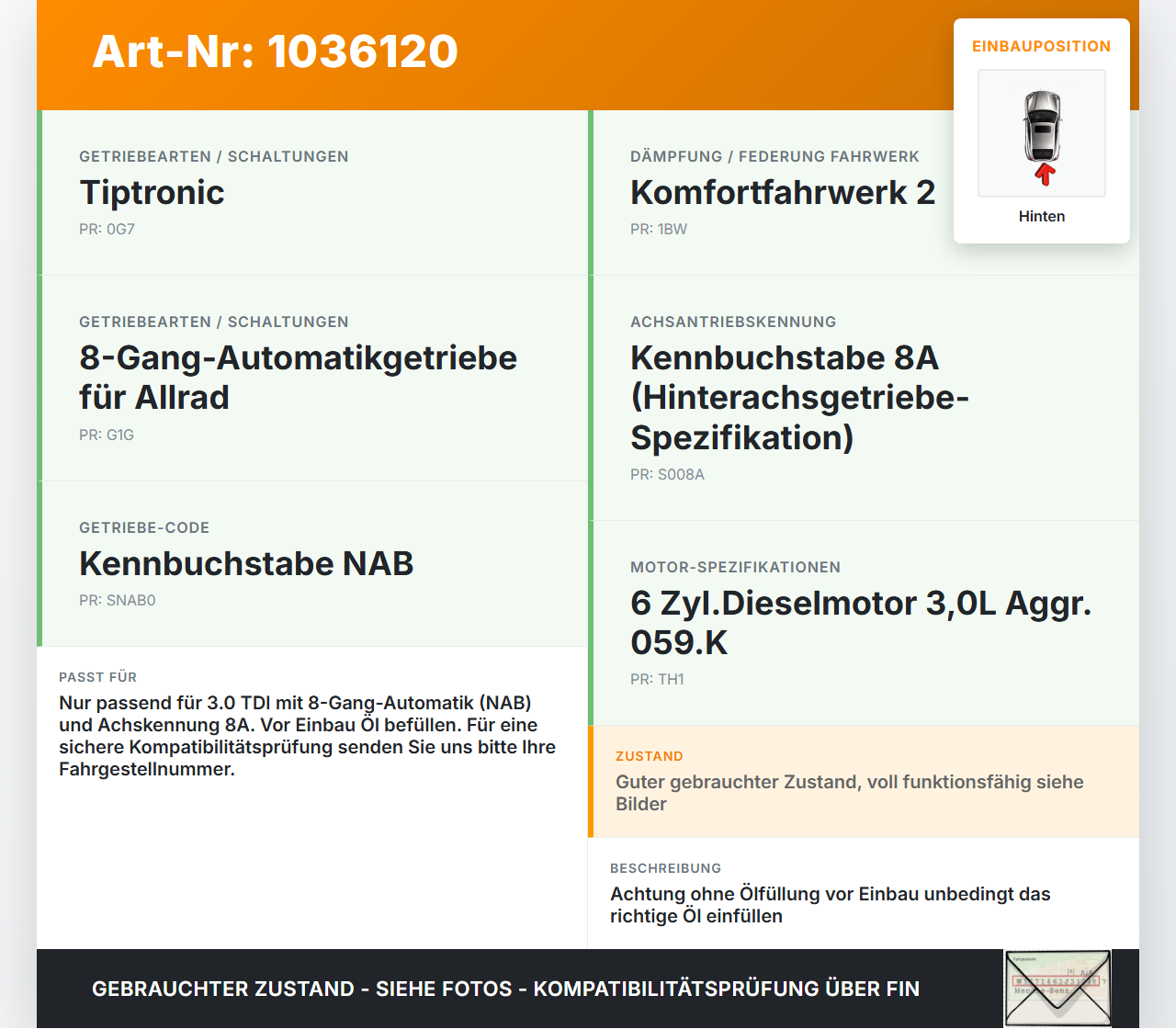Audi Q7 4L 09-15 TDI 3,0 176KW 4WD Differential Hinterachsgetriebe Hinten Audi Q7 4L 09-15 22.10.2012 0BP525015H... Vorschau 3