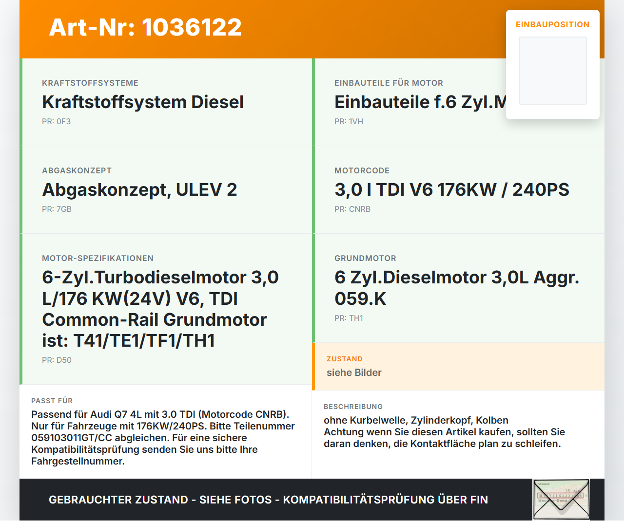 Audi Q7 4L 09-15 TDI 3,0 176KW CNRB Motorblock für Motor Audi Q7 4L 09-15 22.10.2012 059103011GT gebraucht Vorschau 3