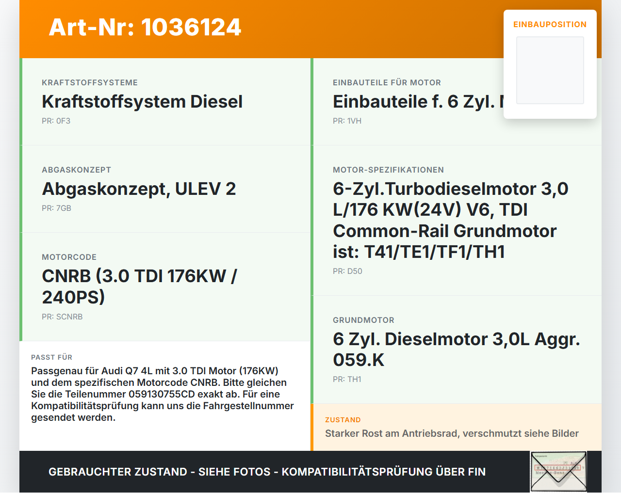 Audi Q7 4L 09-15 TDI 3,0 176KW Einspritzpumpe Hochdruckpumpe Audi Q7 4L 09-15 22.10.2012 059130755CD gebraucht Vorschau 3