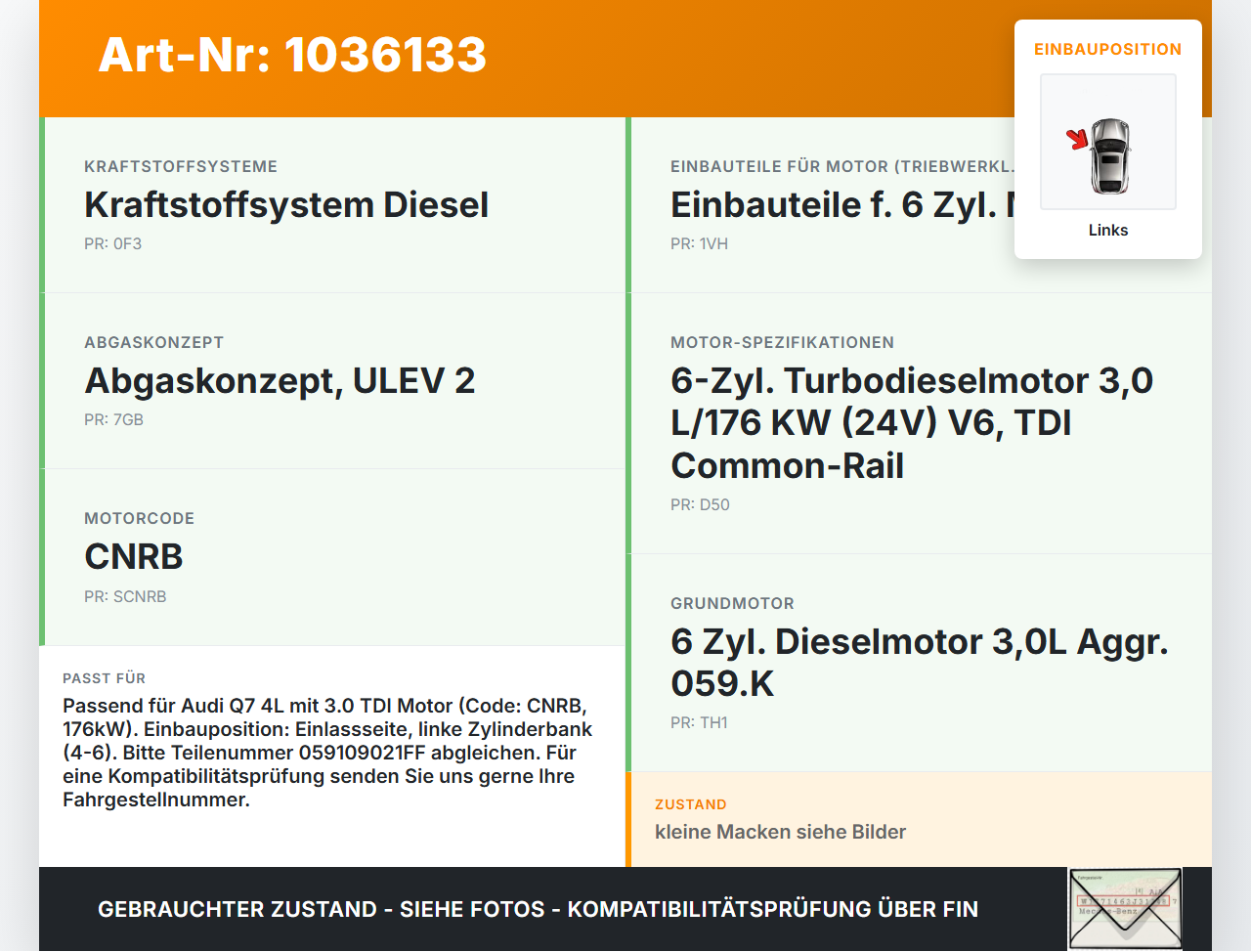 Audi Q7 4L 09-15 TDI 3,0 176KW CNRB Nockenwelle Einlass Links 4-6 Audi Q7 4L 09-15 22.10.2012 059109009DS... Vorschau 3