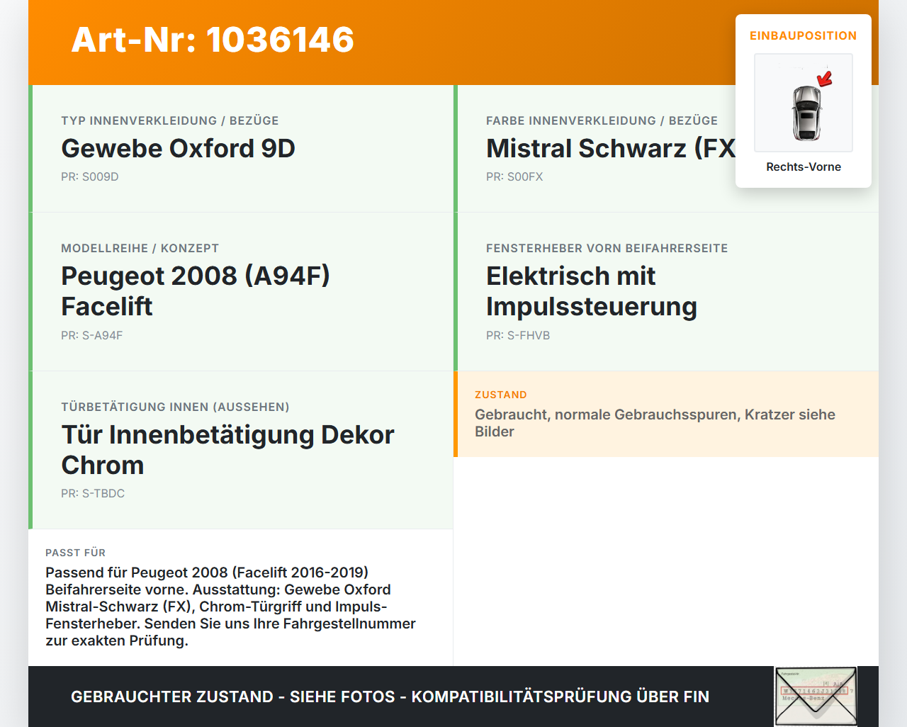 Peugeot 2008 CU 16-19 Türverkleidung Türpappe Rechts Vorne Peugeot 2008 CU 16-19 30.08.2017 98029882ZD gebraucht Vorschau 3