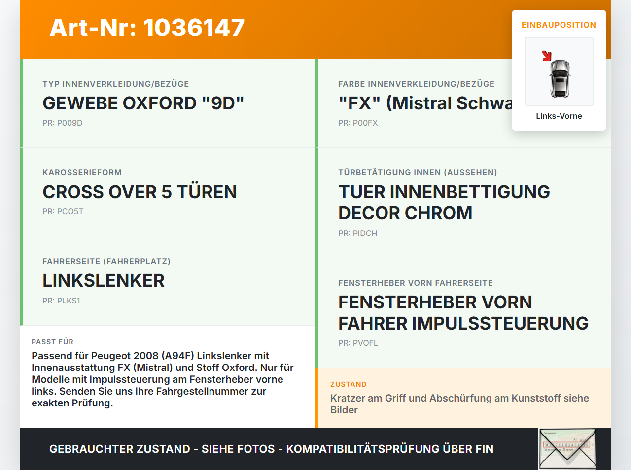 Peugeot 2008 CU 16-19 Türverkleidung Türpappe Links Vorne Peugeot 2008 CU 16-19 30.08.2017 98029883ZD M1000140C20... Vorschau 3