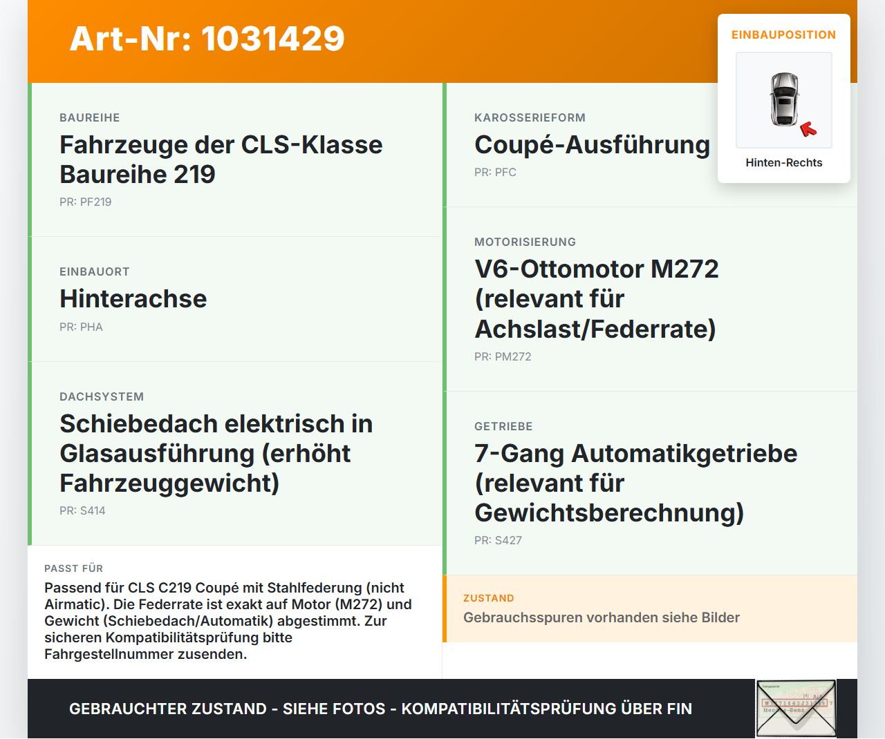 Mercedes C219 CLS 350 04-08 Coupe Feder Hinten Rechts Mercedes C219 CLS 350 04-08 09.12.2005 A2113240604 gebraucht Vorschau 3