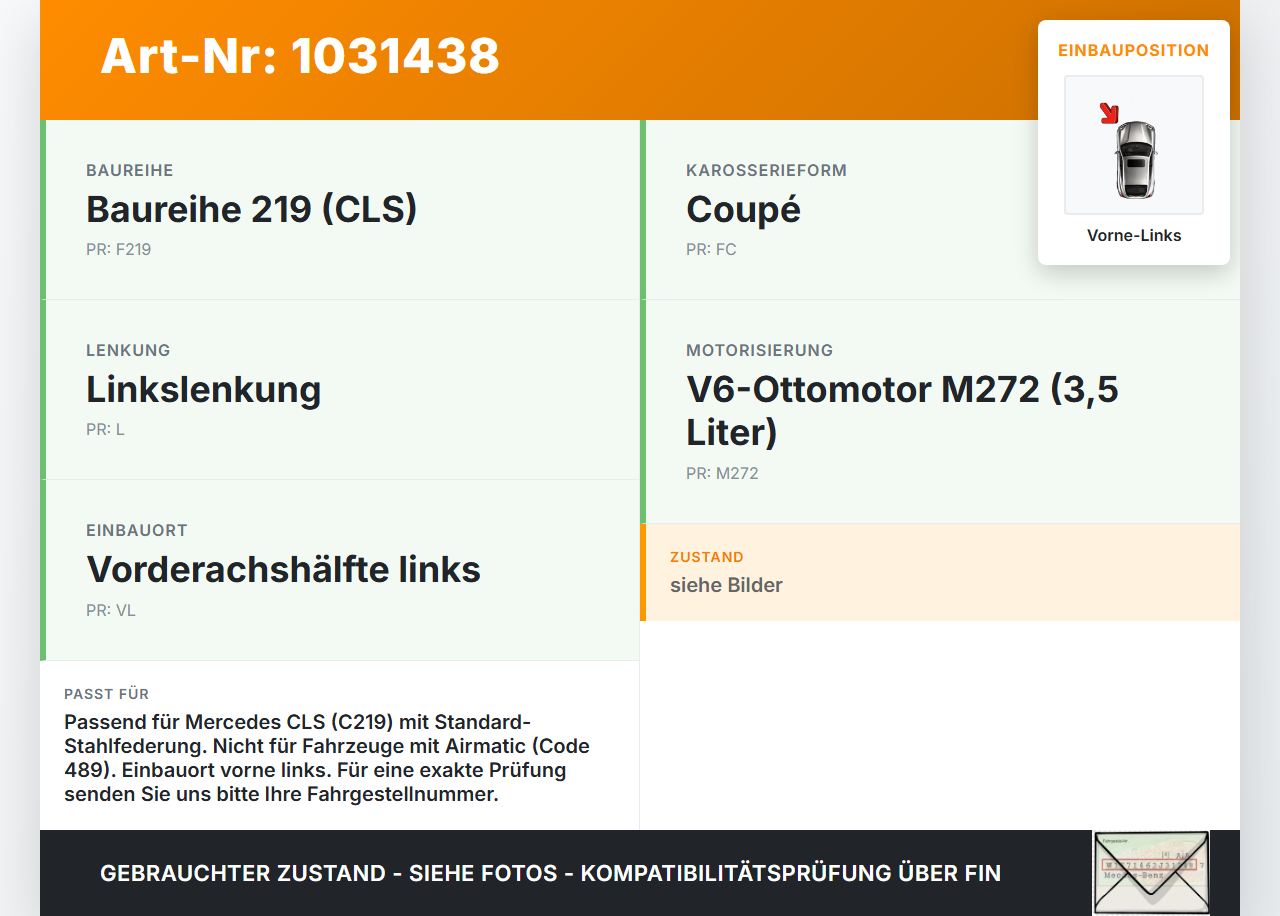 Mercedes C219 CLS 350 04-08 Coupe Stossdämpfer Federbein Vorne Links Mercedes C219 CLS 350 04-08 09.12.2005... Vorschau 3