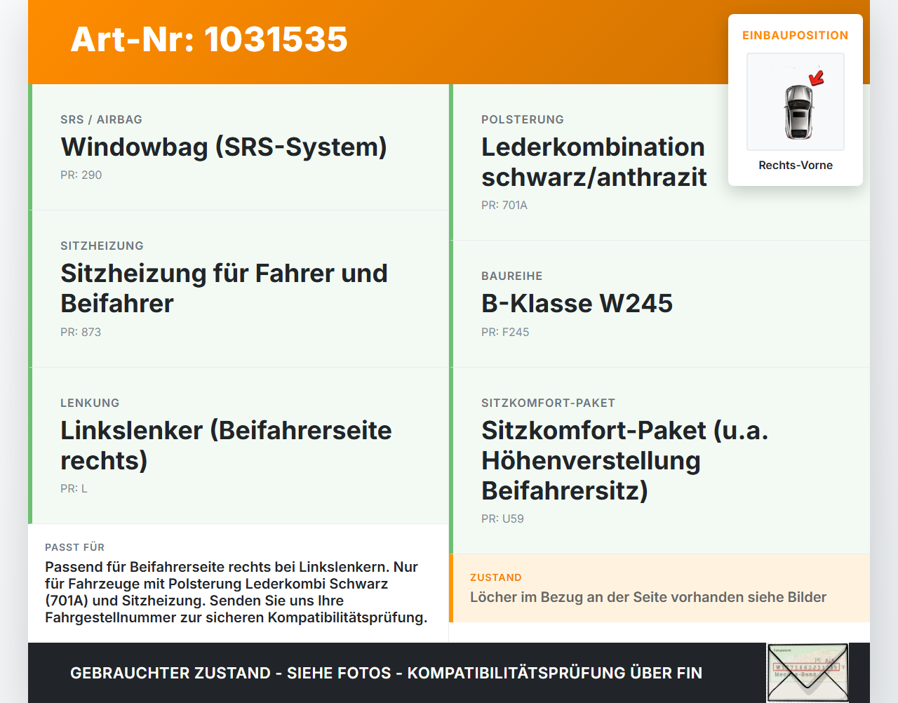 Mercedes W245 B200 05-08 Sitzbezug Rückenpolster Rechts Vorne für Beifahrer Sitz beheizt SRS Mercedes W245 B200... Vorschau 3