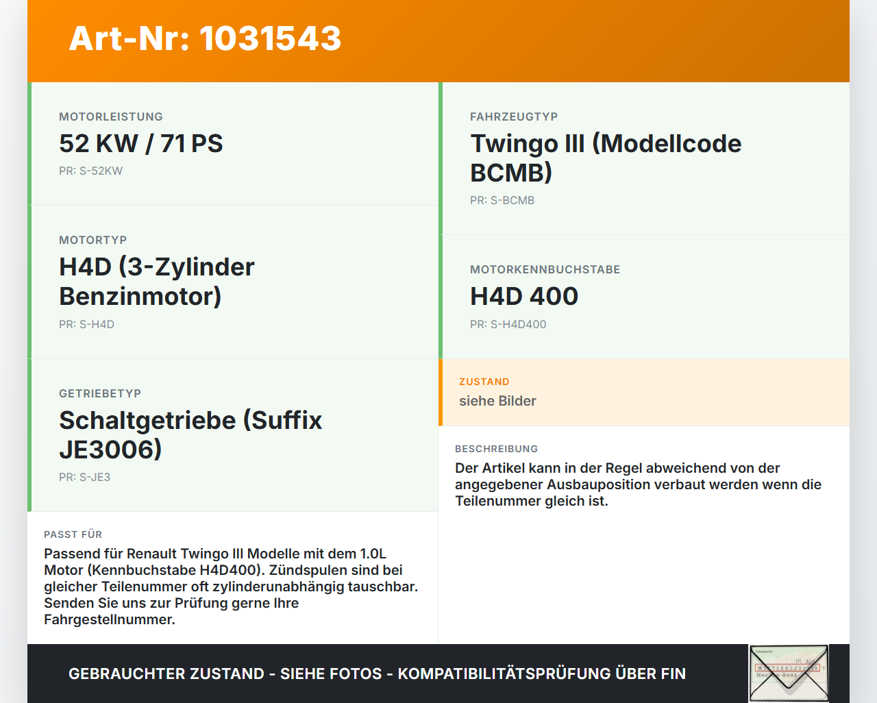 Renault Twingo III BCM 14-19 1,0 52KW Zündspule Zyl.2 Renault Twingo III BCM 14-19 01.04.2017 gebraucht Vorschau 3
