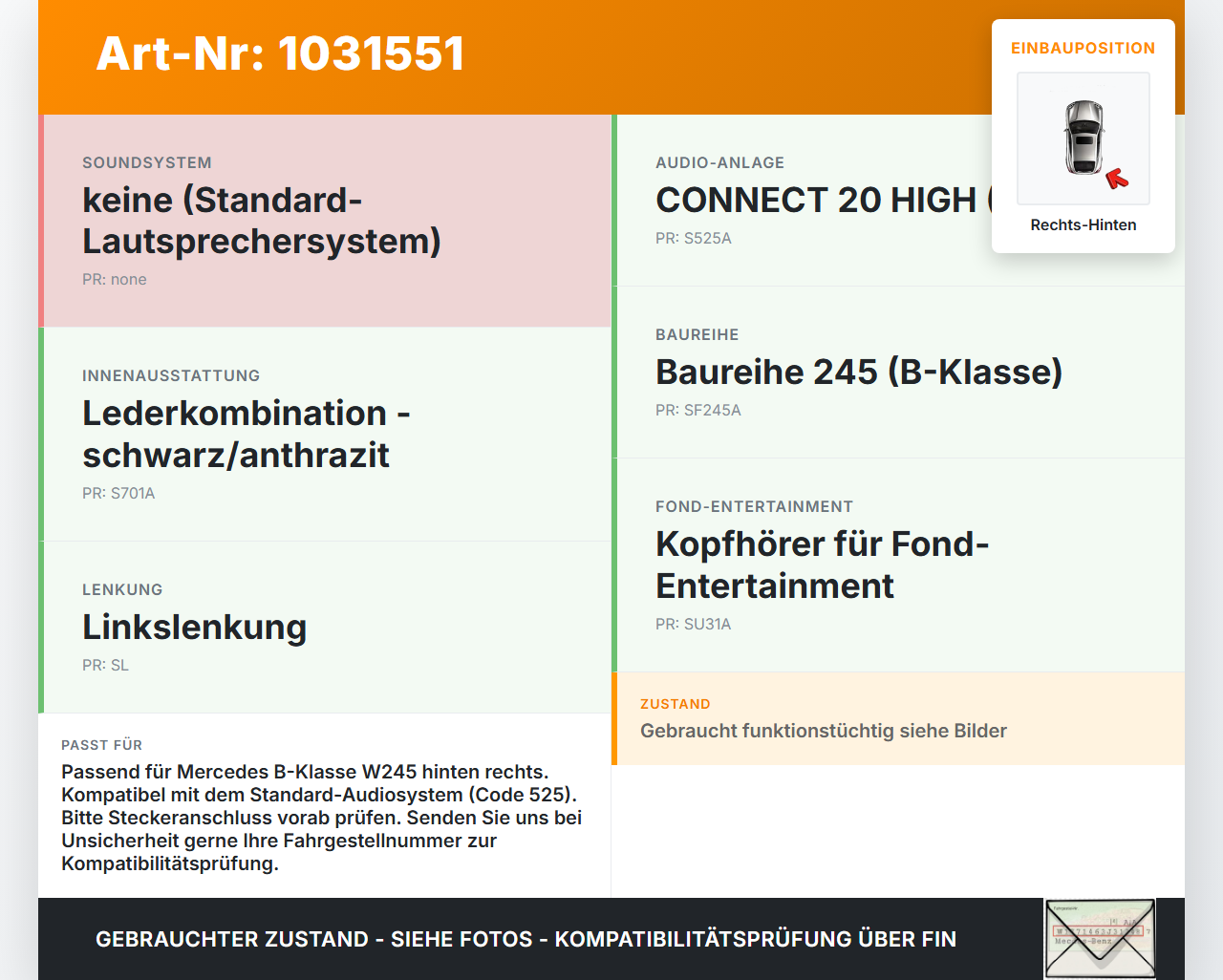 Mercedes W245 B200 05-08 Lautsprecher Rechts Hinten Mercedes W245 B200 05-08 27.09.2007 A1698200302 gebraucht Vorschau 3
