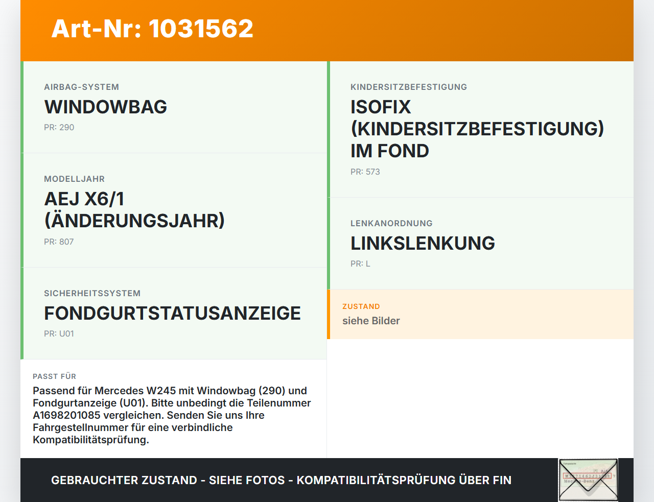 Mercedes W245 B200 05-08 Airbag Steuergerät Airbagsteuergerät Mercedes W245 B200 05-08 27.09.2007 A1698201085 gebraucht Vorschau 3