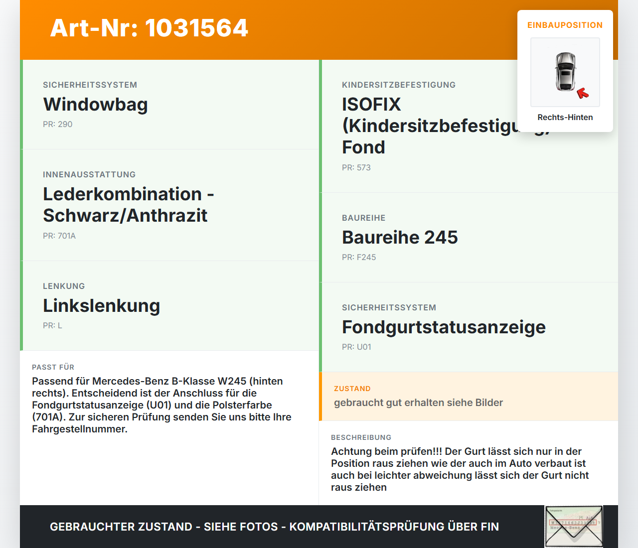 Mercedes W245 B200 05-08 Gurt Sicherheitsgurt Gurtstraffer Rechts Hinten Mercedes W245 B200 05-08 27.09.2007... Vorschau 3