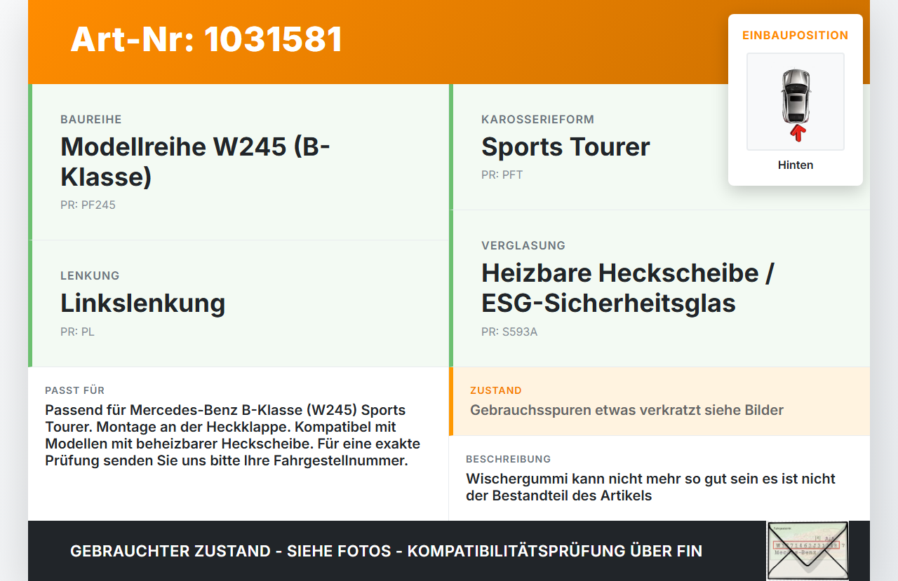Mercedes W245 B200 05-08 Heckwischer Scheibenwischer Hinten Wischarm Mercedes W245 B200 05-08 27.09.2007... Vorschau 3
