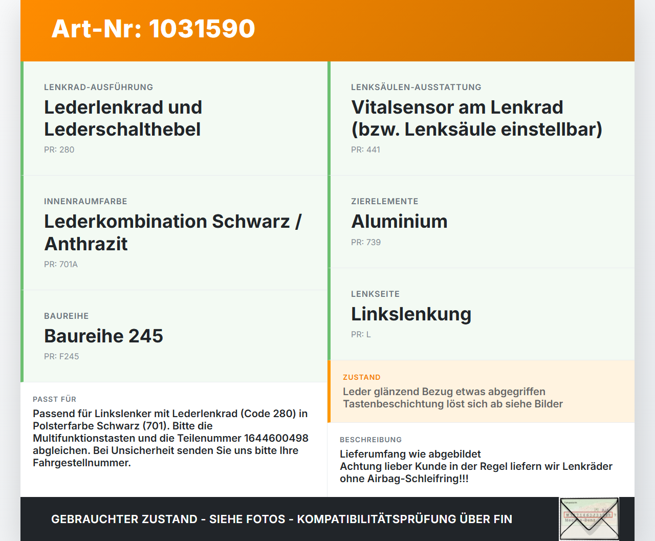 Mercedes W245 B200 05-08 Lenkrad Airbaglenkrad Leder Mercedes W245 B200 05-08 27.09.2007 61465180C 1644600498 gebraucht Vorschau 3