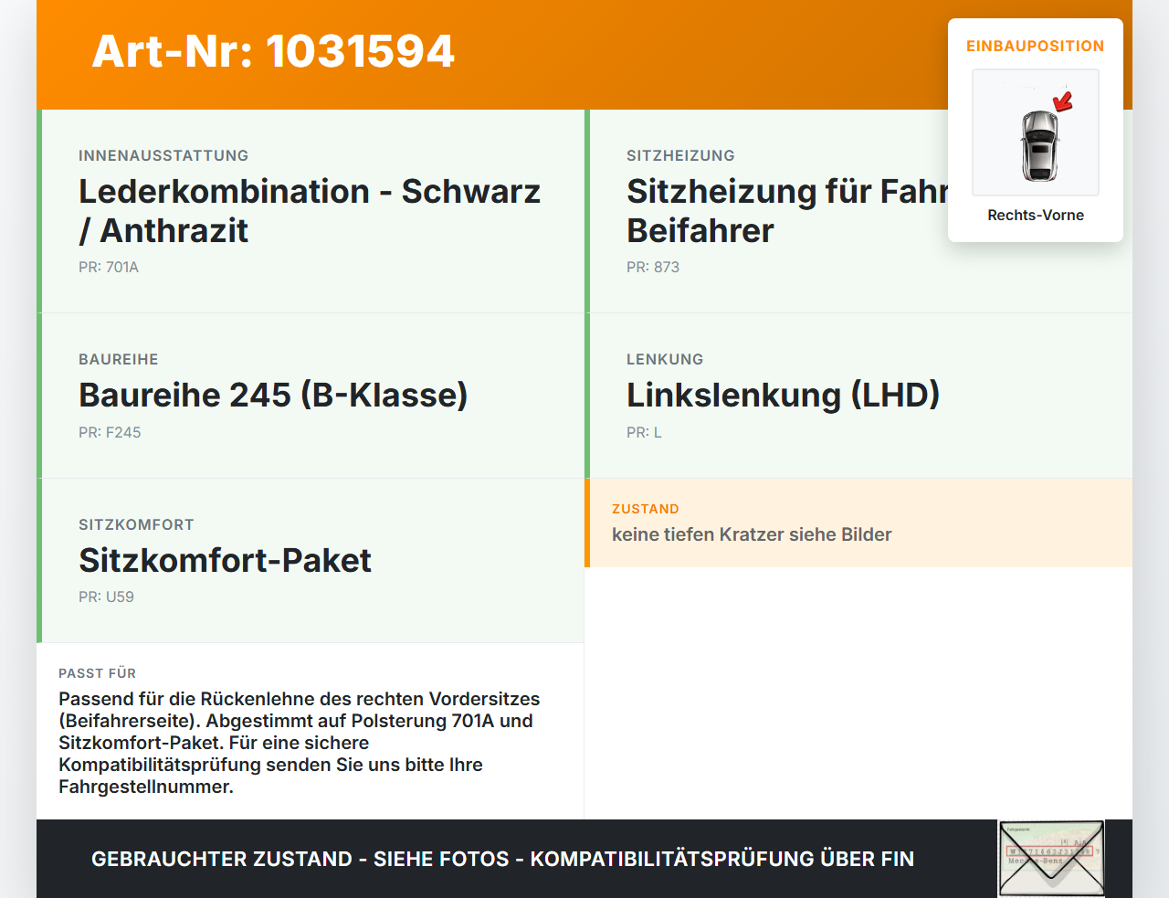 Mercedes W245 B200 05-08 Blende Rückenblende Rücklehne Sitz Rechts Vorne Mercedes W245 B200 05-08 27.09.2007... Vorschau 3