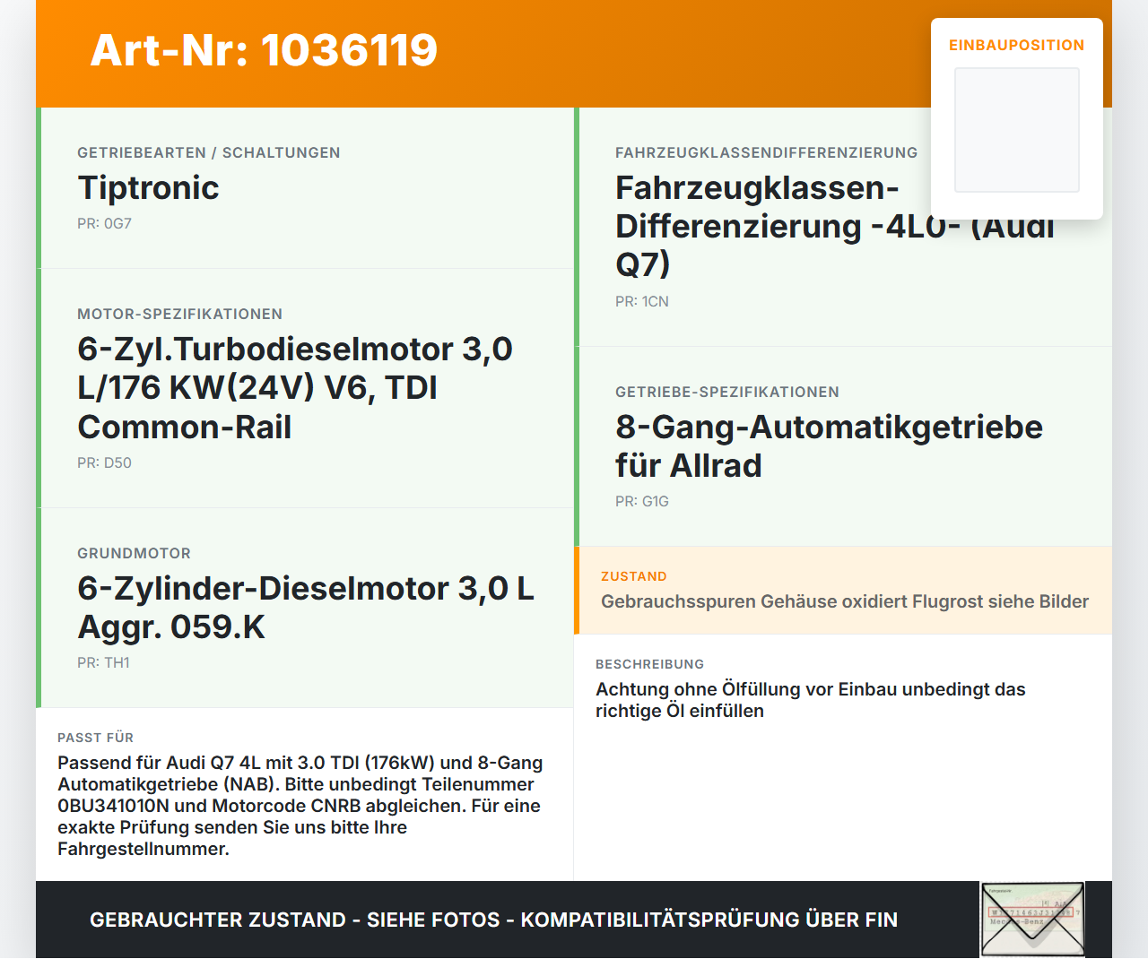 Audi Q7 4L 09-15 TDI 3,0 176KW 4WD Verteilergetriebe Getriebe Audi Q7 4L 09-15 22.10.2012 0BU341010N gebraucht Vorschau 3