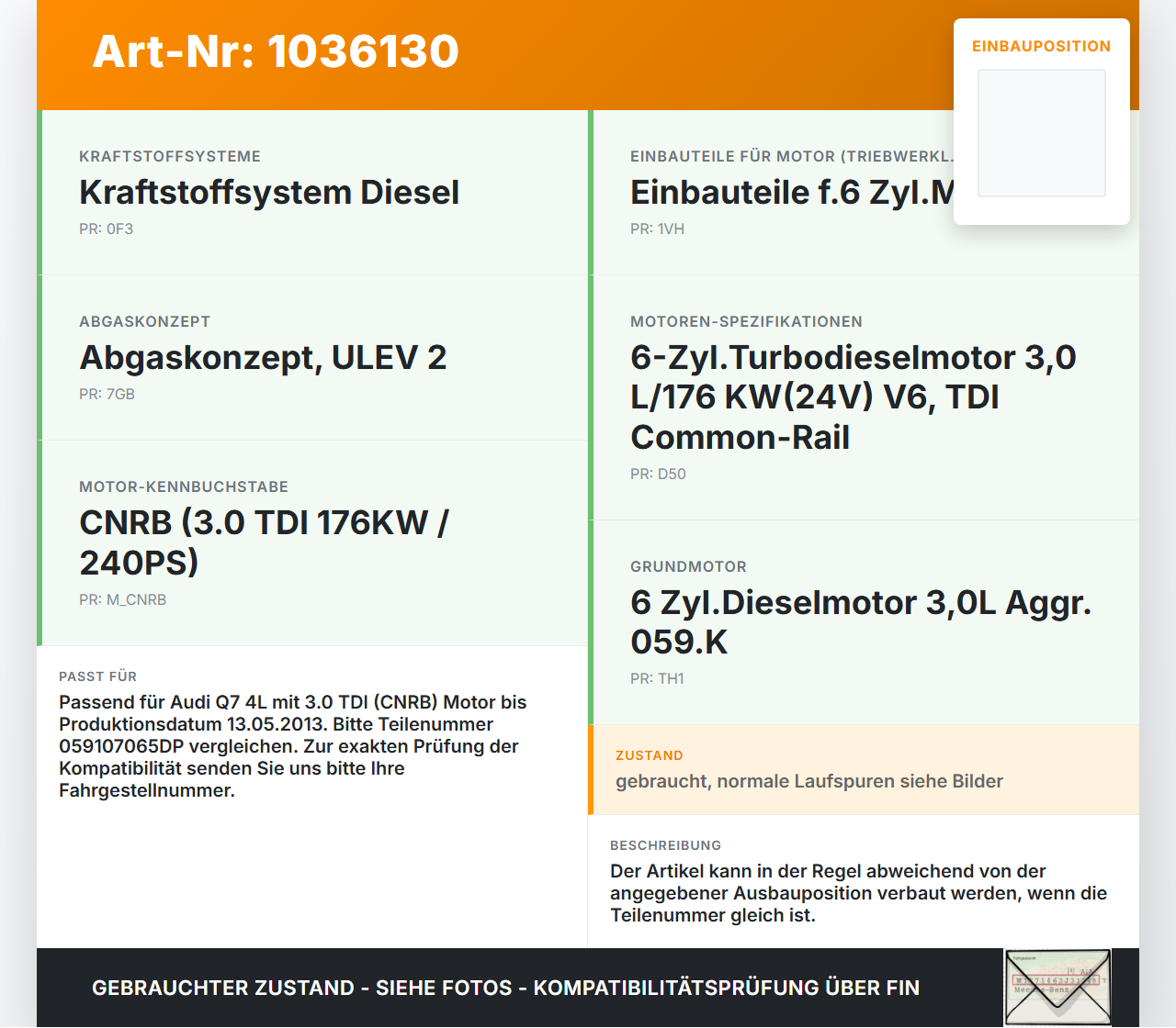Audi Q7 4L 09-15 TDI 3,0 176KW CNRB Kolben mit Pleuel Pos F Audi Q7 4L 09-15 22.10.2012 059107065DP gebraucht Vorschau 3