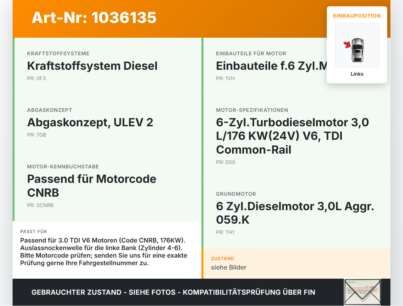 Audi Q7 4L 09-15 TDI 3,0 176KW CNRB Nockenwelle Auslass Links 4-6 Audi Q7 4L 09-15 22.10.2012 059109009EA gebraucht Vorschau 3