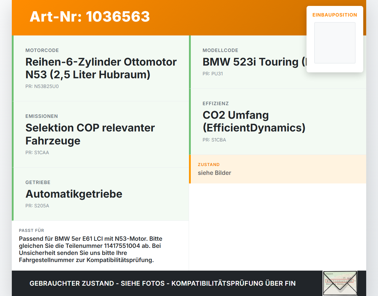 BMW 5er E61 LCI 07-10 3,0 200KW N53B25U0 Ölpumpe BMW 5er E61 LCI 07-10 30.06.2009 7551004 11417551004 1967289... Vorschau 3