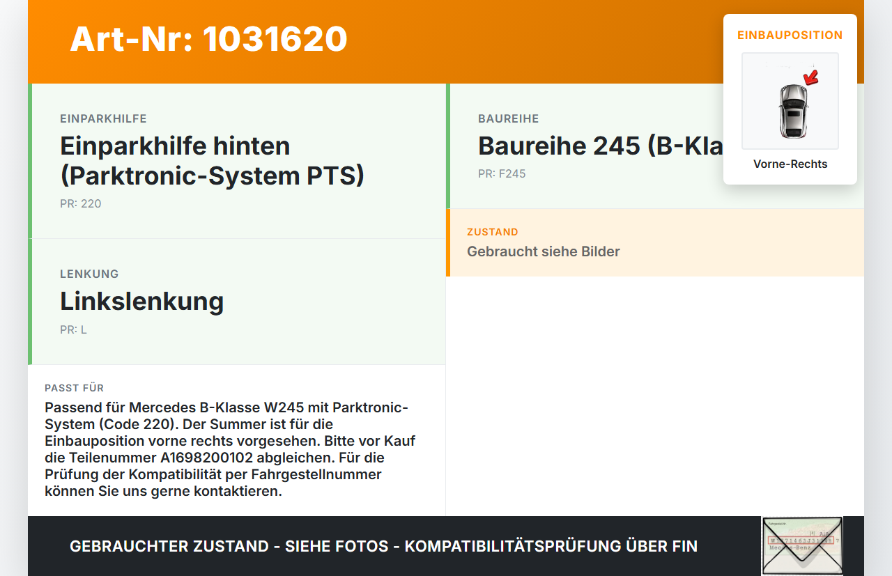 Mercedes W245 B200 05-08 Warngerät Parktronic PDC Summer Vorne Rechts Mercedes W245 B200 05-08 27.09.2007... Vorschau 3