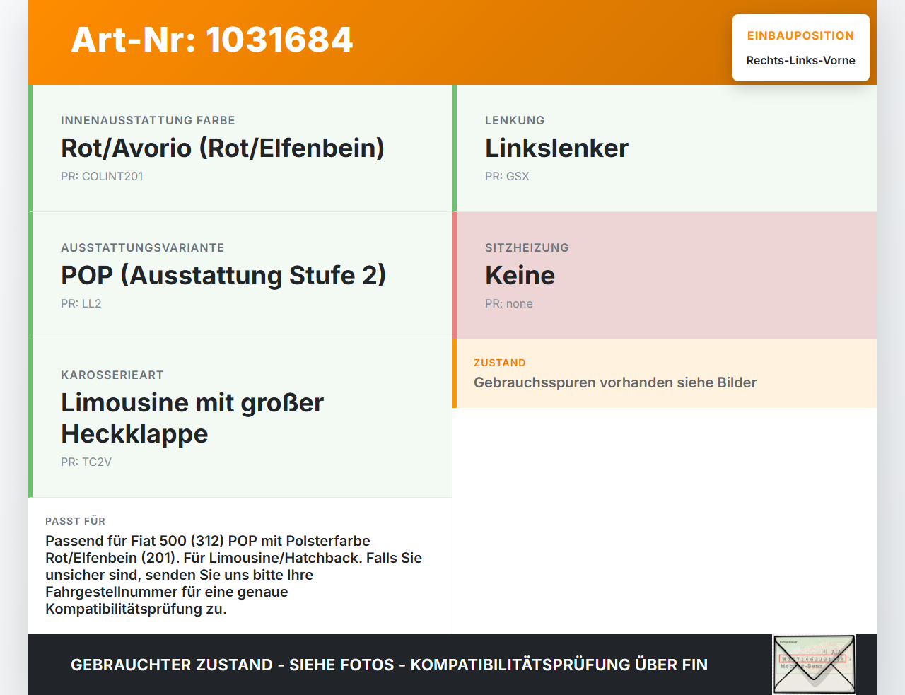 Fiat 500 07-15 Lim Kopfstütze für Beifahrer Sitz Rechts oder Links Vorne Fiat 500 07-15 04.03.2008  gebraucht Vorschau 3