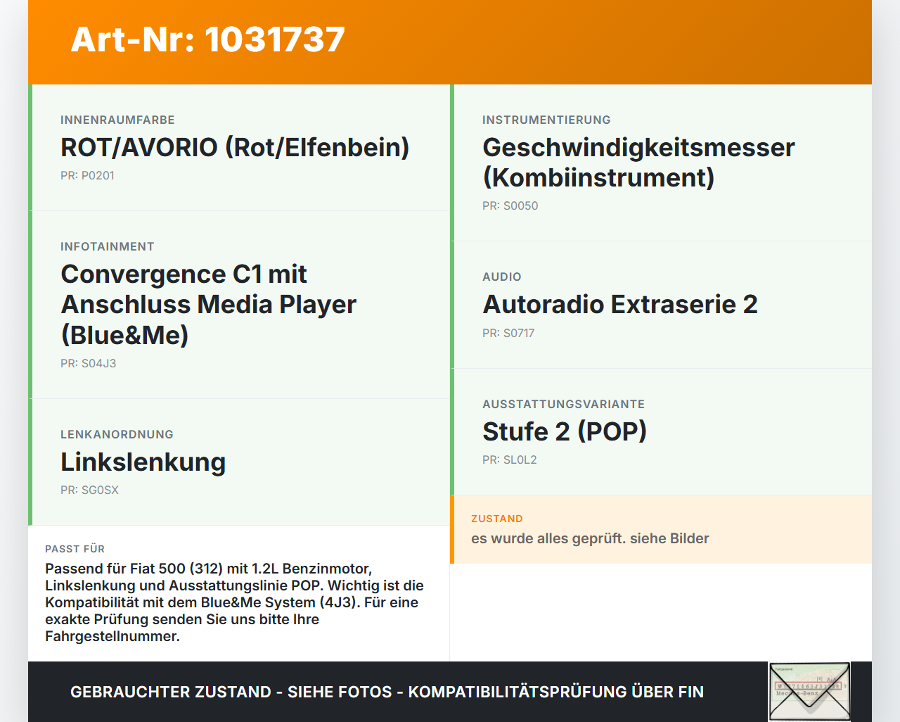 Fiat 500 07-15 1,2 51KW Kombiinstrument Tacho Fiat 500 07-15 04.03.2008  - gebraucht Vorschau 3