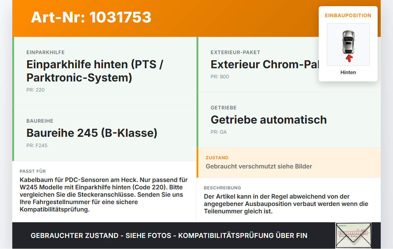 Mercedes W245 B200 05-08 PDC Kabelbaum Pos.1 Hinten Mercedes W245 B200 05-08 27.09.2007 A1695407205 gebraucht Vorschau 3