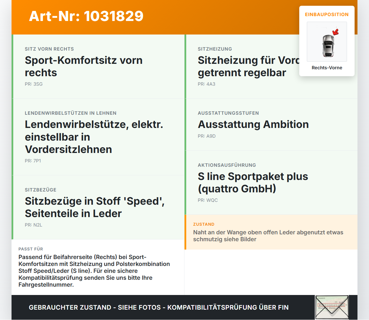 Audi A3 8P 04-08 5T Sitzbezug Sitzpolster für Beifahrersitz Rechts Vorne beheizt Audi A3 8P 04-08 12.10.2007 gebraucht Vorschau 3