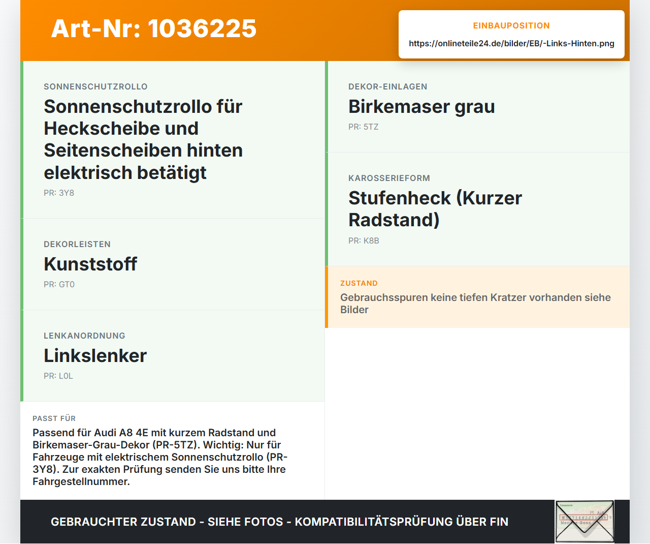 Audi A8 4E 05-08 Kurz Türleiste Links Hinten Innen Holzdekor LY7W Audi A8 4E 05-08 17.05.2006 4E0867419N 4E0867419... Vorschau 3
